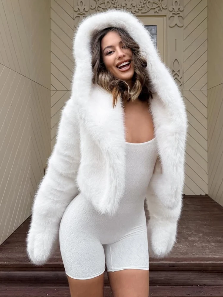 트렌딕스 핑크 인조 모피 코트 여성용 겨울 패션 루즈핏 긴팔 코트 여성 스트릿 패션 아우터 따뜻한 후드 퍼 코트