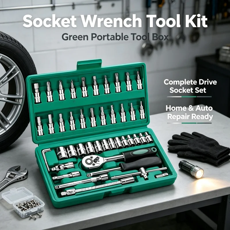Image of FOCSE 46-teiliger 1/4-Zoll-Steckschlüsselsatz mit Bit-Steckschlüsselsatz, metrisch und mit Verlängerungsstange für Autoreparaturen