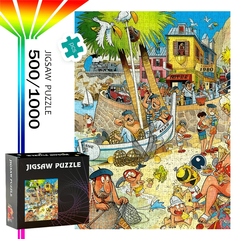 Puzzle de scène de dessin animé de ville côtière animée, jeu intellectuel amusant pour adultes et enfants, jouet de puzzle décoratif pour la maison et les loisirs