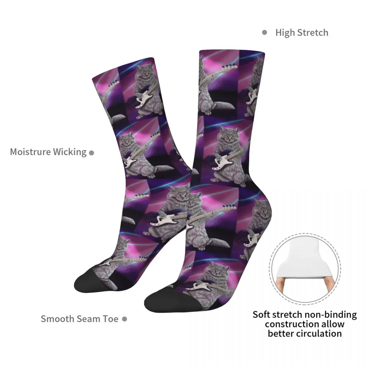 Bass Cat- Rock Band Kitty Playing The Bass Guitar Socks Sweat Absorbing Stockings All Season Long Socks for Birthday Present