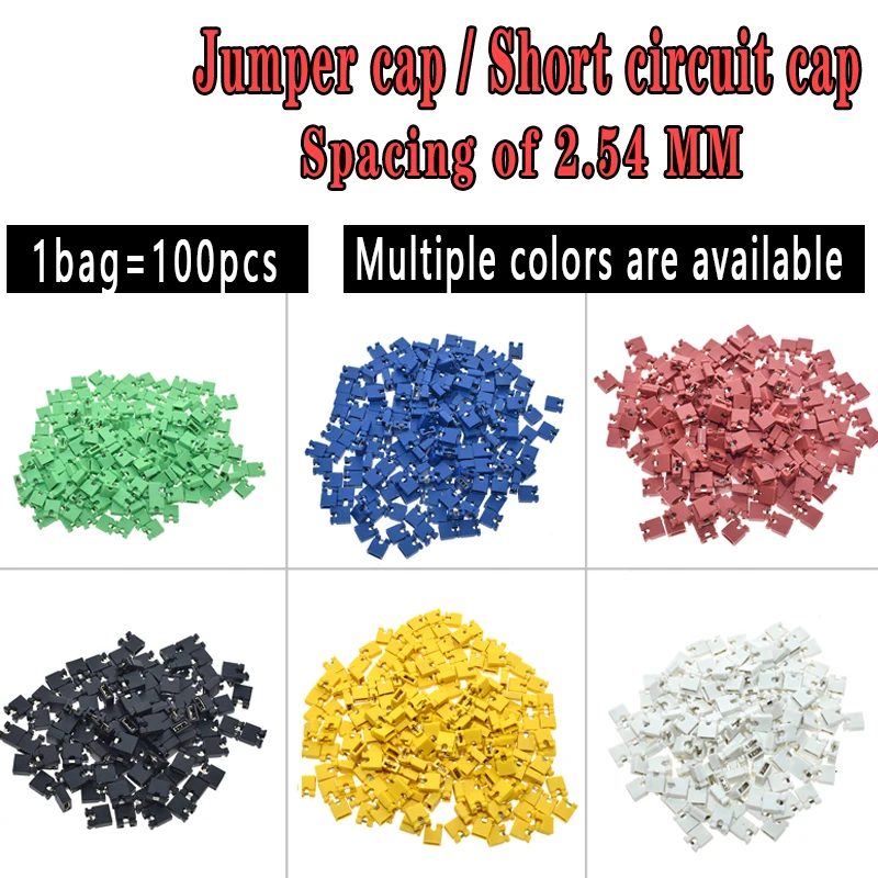 AEAK 100PCS Pitch jumper shorted cap & Headers & Wire Housings 2.54MM SHUNT Black yellow white green red blue