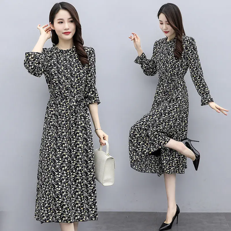 

Fashion Printed Shirring Bandage Floral Dress Women Clothing 2024 Spring Summer New Loose Butterfly Sleeve Vintage Dress