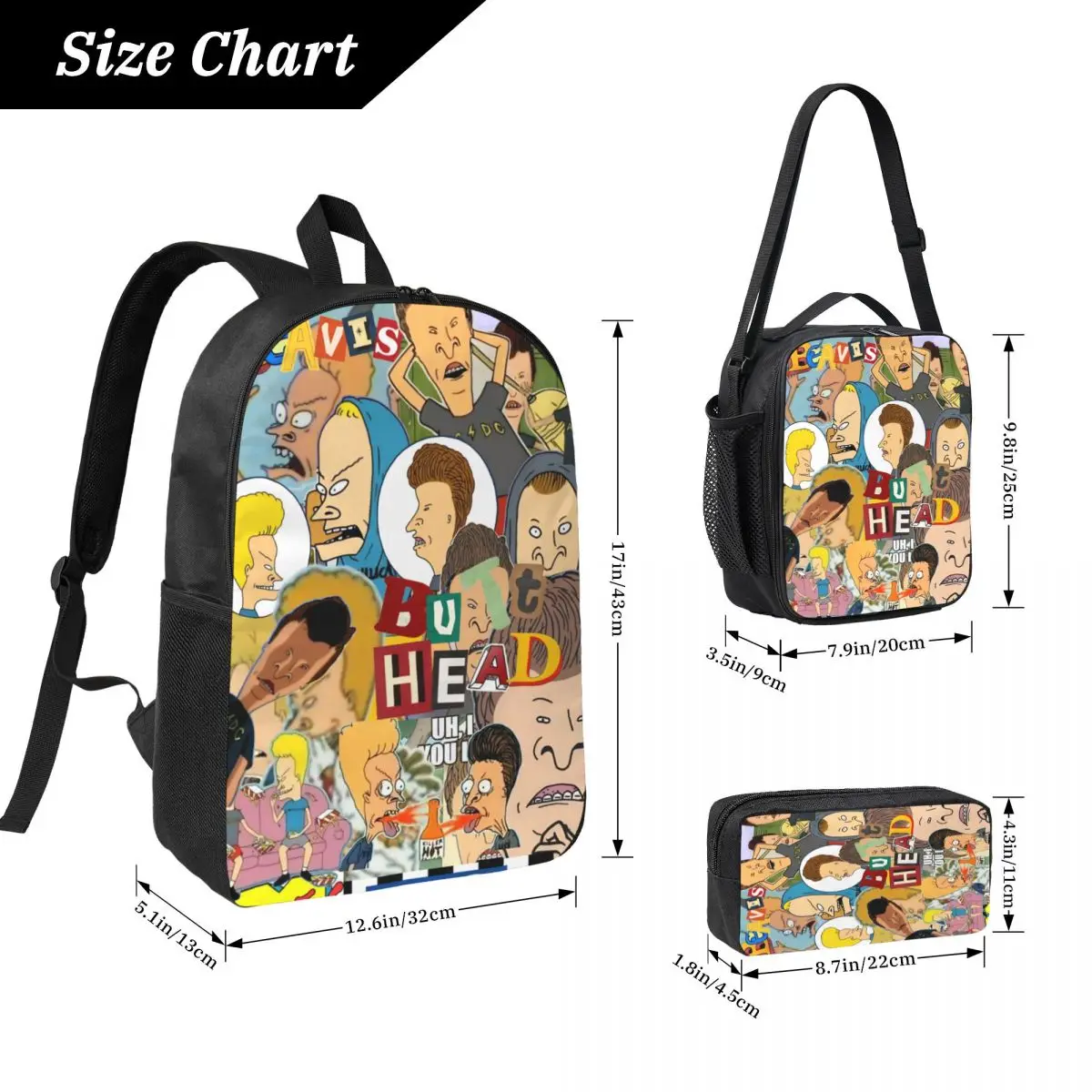3Pcs Beavis And Butthead Backpack Set for Boy Girl Pencil Boxes Bookbag Sets with Lunch Box For School Students Knapsack