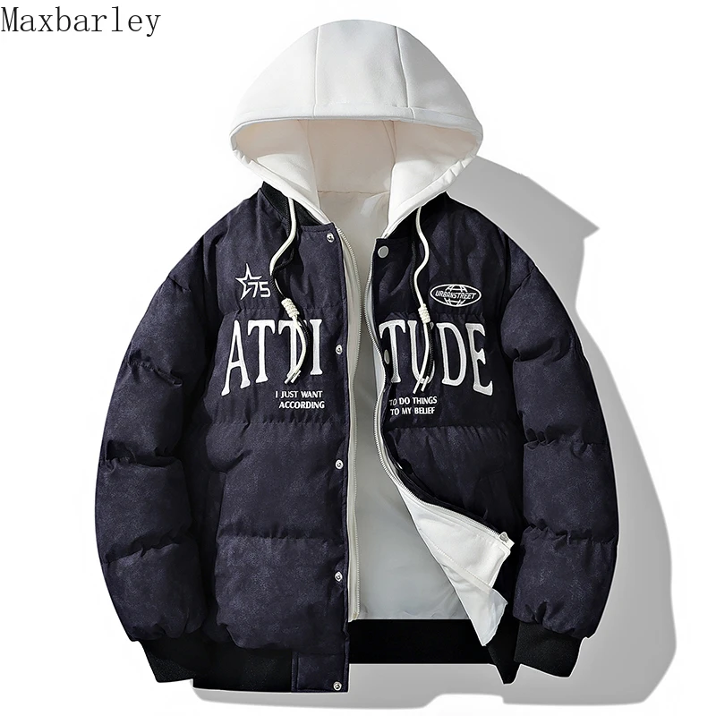 New Fake 2 Pieces Hooded Parka Men's Winter Casual Street Thick Letter Baseball Suit Coat Outdoor Ski Warm Cotton-padded Jacket