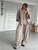 Casual Cotton Linen Pants Sets Women Loose V-neck One Button Shirt High Waist Wide Leg Pant 2025 Spring Summer Lady  Suit
