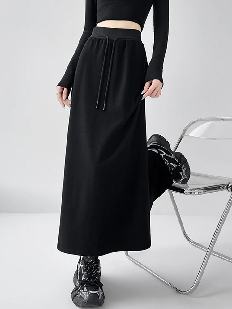 

High Waist Dstring Casual Loose A-Line Skirt Women's Autumn Winter New Sle Pear ape Slimming Concealing Long Skirt