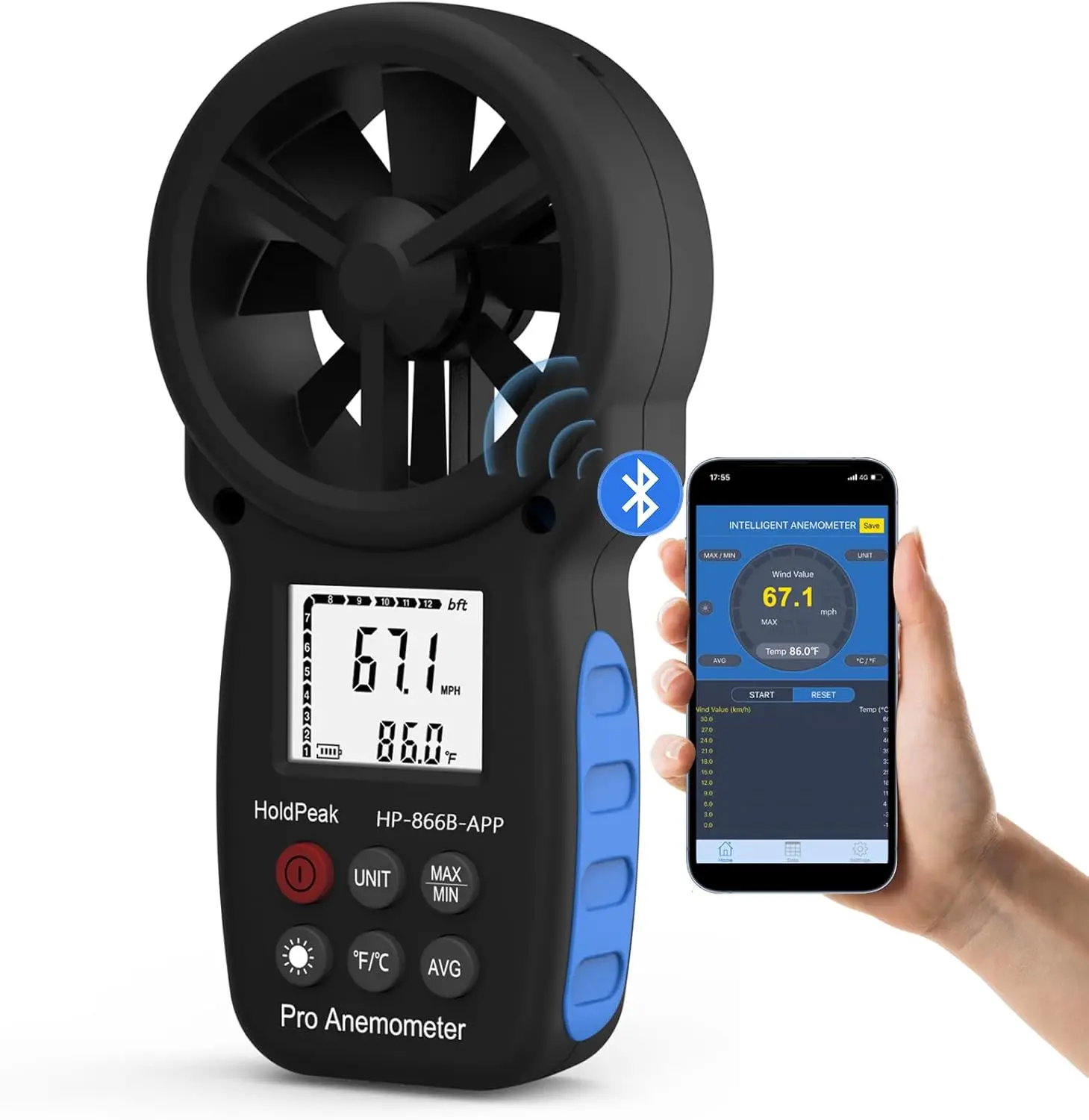 Holdpeak-anemômetro Portátil Bluetooth Digital Velocidade do Vento Fluxo de ar e Temperatura Medidor Hvac Outdoor Vela 866b-app