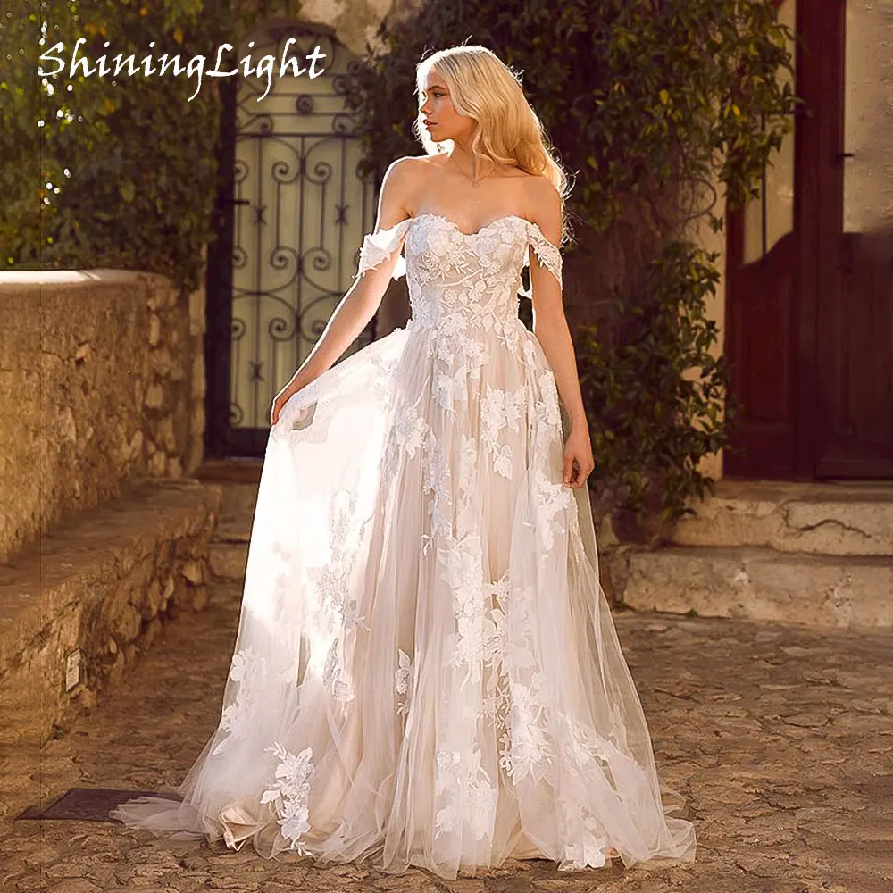 

ShiningLight Off The Shoulder A-Line Wedding Dresses 2026 Appliques Lace Country Bridal Gowns Boho Vestidos De Novia Customized
