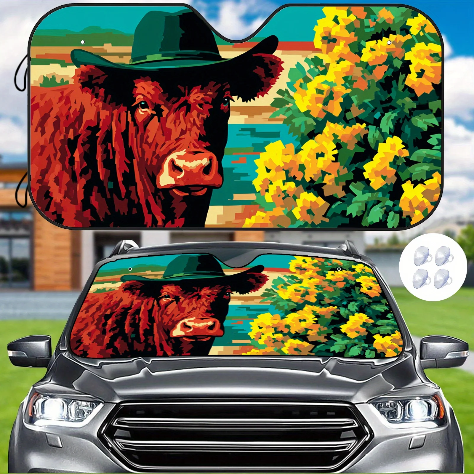 Colorful Cow In Flower Field Car Windshield Sunshade, Featuring A Brightly Colored Cow Wearing A Hat And A Pattern Of Yellow Flo