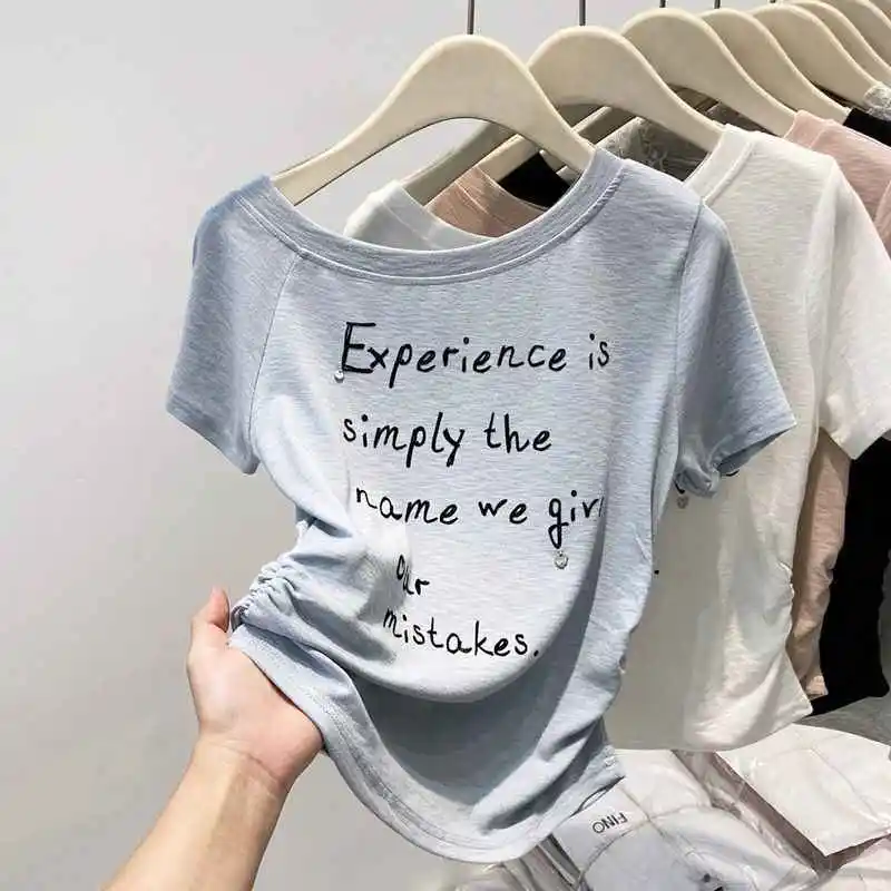 Sommer Skew Kragen T-shirt für Frauen Brief Gedruckt Modal Kurzarm Top Koreanische Casual Mode Weibliche Off Schulter Tees