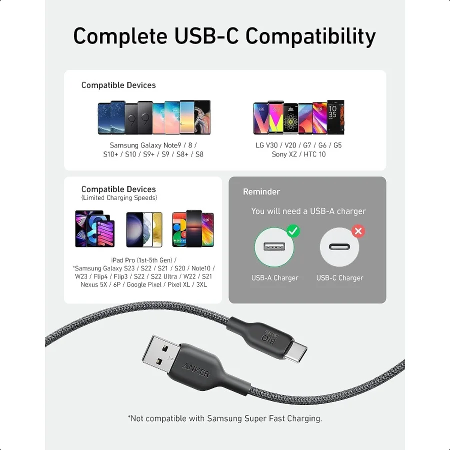 Cavo di ricarica da USB A a USB C durevole BioBriaded per Samsung Galaxy Note Series LG V30 Confezione da 2 6FT Nero