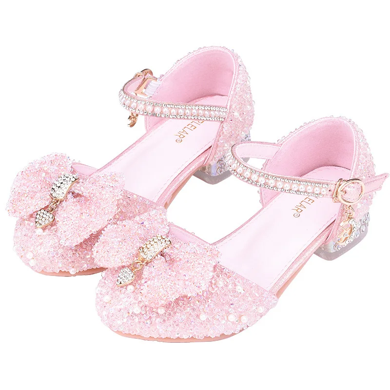 Princess-Style Crystal Rhinestone Half- Strap Sandals High-Heeled Comfortable Casual Shoes for Little Girls