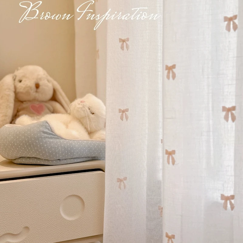 Custom Size French Embroidered Window Screen Cream Sweet Pink Bow Window Screen Curtains for Living Dining Room Bedroom Window