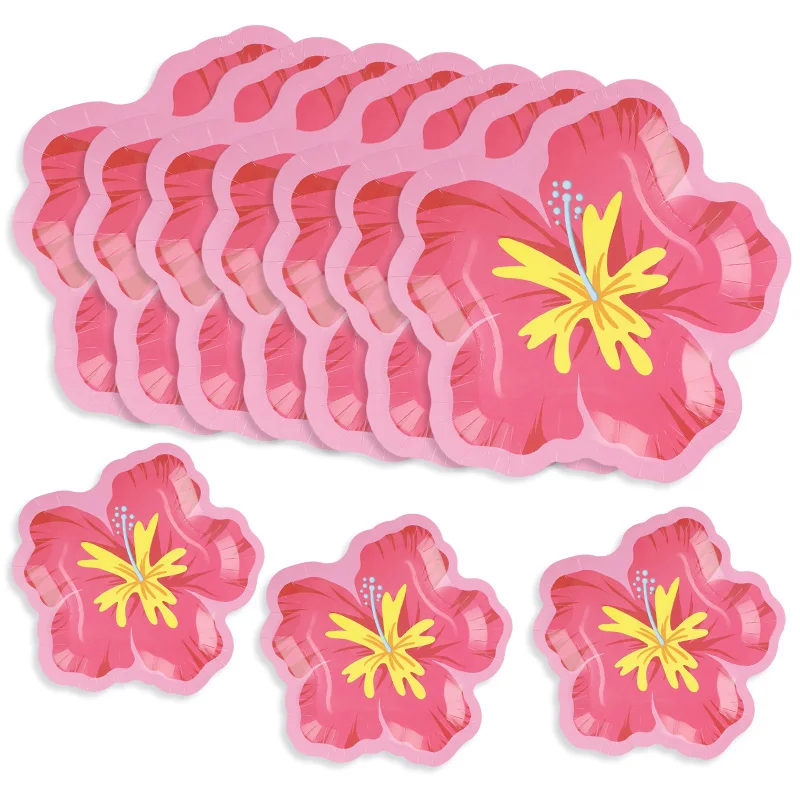 10/20 Stück rosa Hibiskusblüten-Pappteller, hawaiianische tropische Partyzubehör, Einweg-Dessertteller für Sommer, Strand, Geburtstag