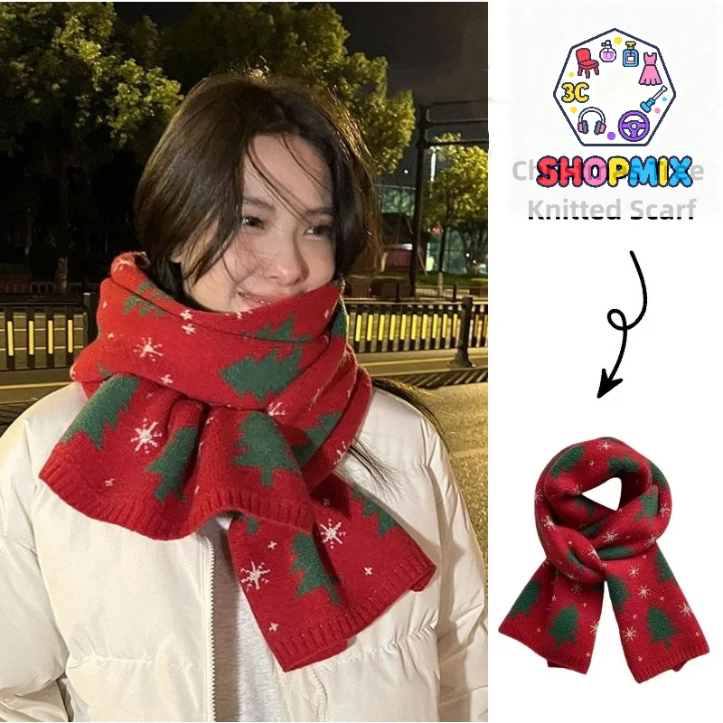 

Универсальный красный вязаный шарф для рождественской елки, женские одинаковые рождественские подарки, осенне-зимний теплый шарф для защиты шеи, зеленый шарф