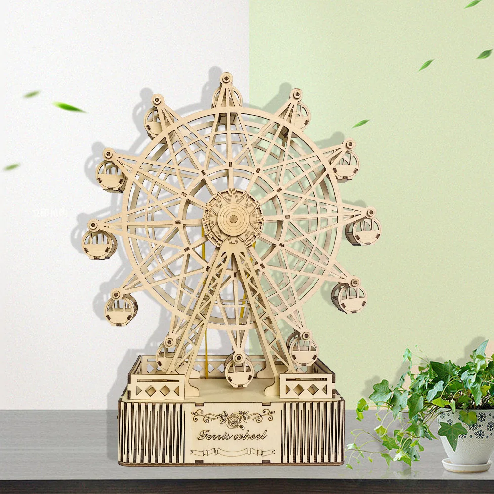 3D Wooden Puzzle Rotating Ferris Wheel Music Box Model Handmade DIY Assembly Toy Jigsaw Desktop Model Building Kits for Kids