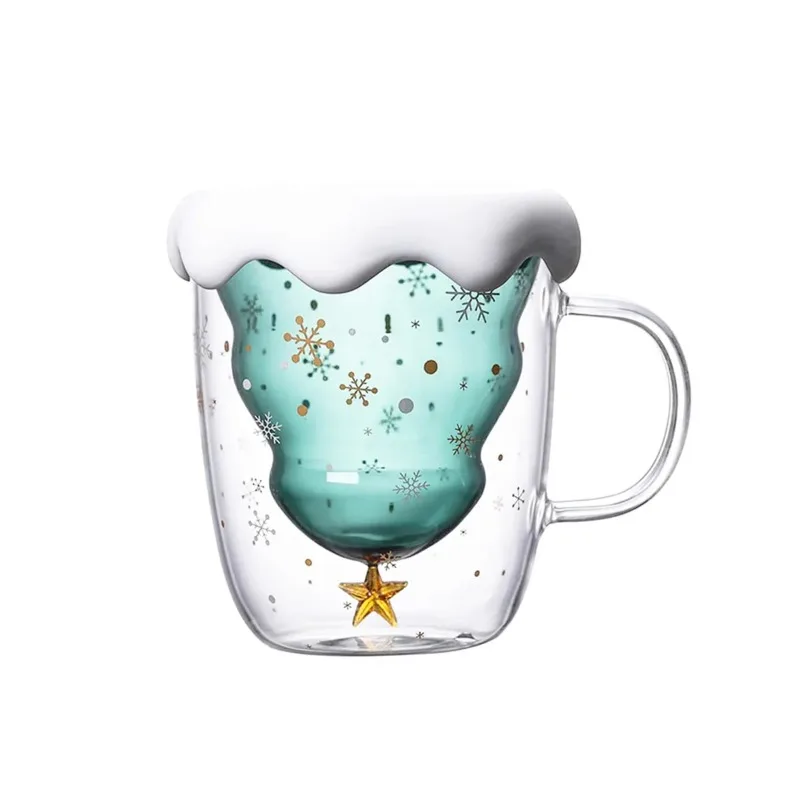 

10oz Christmas Coffee Mugs, 1PCS Holiday Cups Double Wall Glass Tableware with Lid And Handle Tree Snowflake Design 300ML