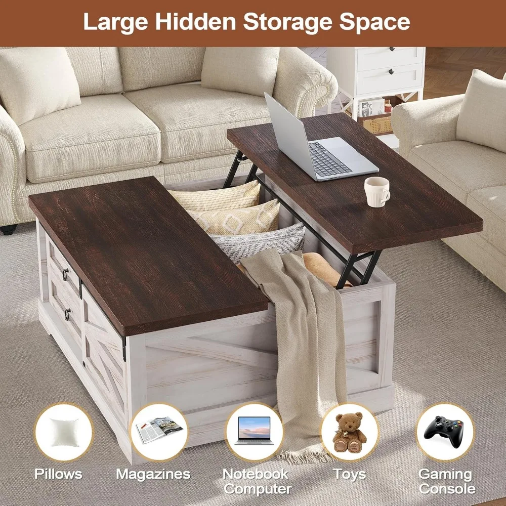 Large Square Farmhouse Style Coffee Table with Lift Top and Storage for Living Room, Ideal Hidden Space Solution