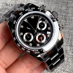 Fashion 39mm Quartz Chronograph PVD Black Case Sapphire Crystal Men Watch VK63 Movement Diamond Index Business Clock