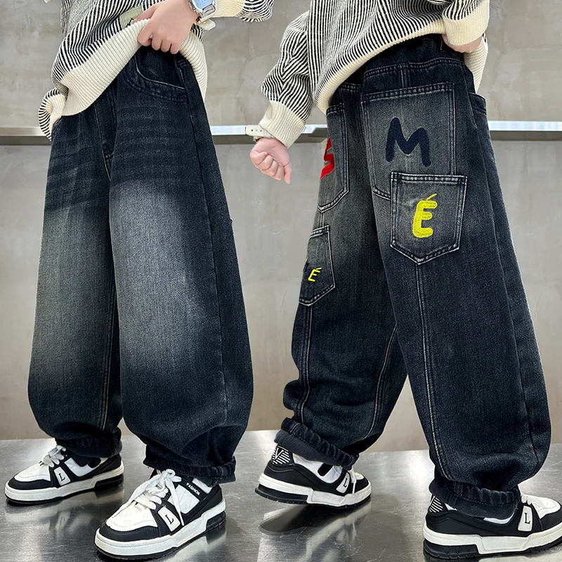 

Hot Sale Kids Fashion Jeans With Cartoon For Boys Luxury Clothing Denim Pants Elegant Teenage Child Straight Fit Jeans Trousers