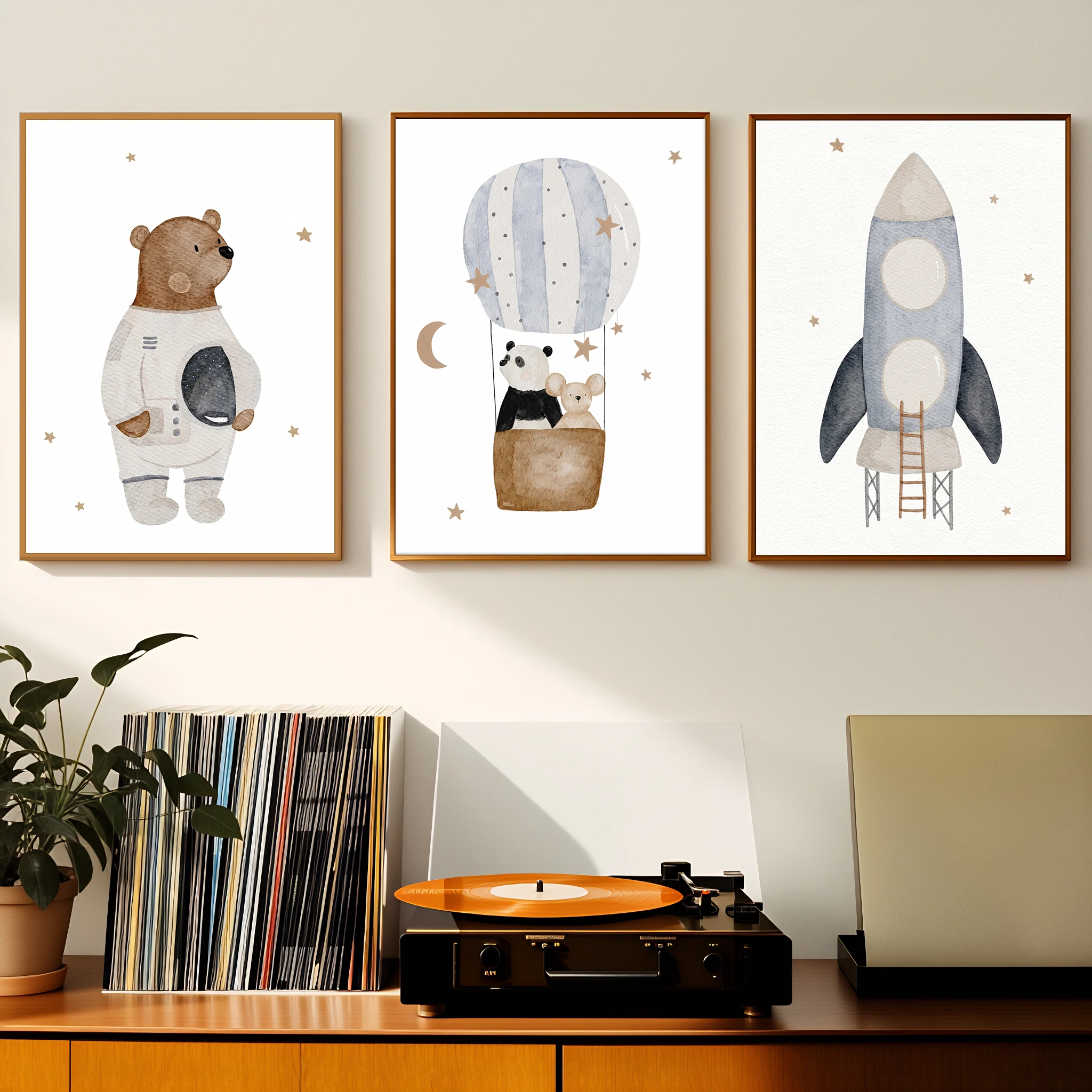 Neutral Watercolor Space Animal Canvas Wall Art Set Astronaut Bear Rocket Hot Air Balloon Panda Print Boy Nursery Playroom Decor view 4