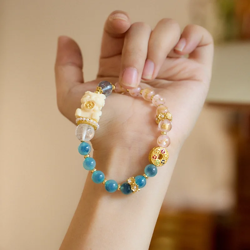 Lucky Baobao Long Bracelet Natural Blue Sugar Heart Agate Gold Foil Incense Ash Liuli Two Tone for Men Women Spiritual Wholesale