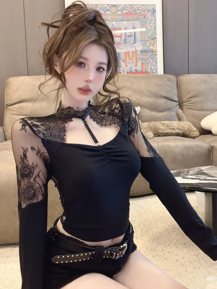 

Sexy Lace Hollow out Back Long Sleeve T-Shirt Women's Inner Wear Slimming Base Shirt Top Korean Style Commute Fashion
