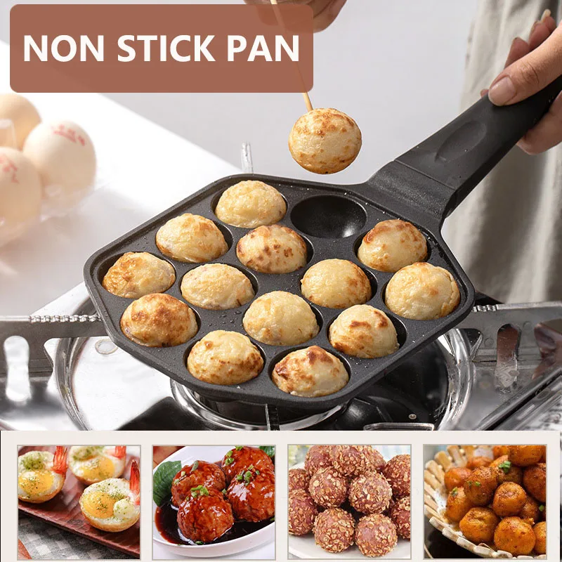 12/14 Hole Takoyaki Pan Wooden Handle Octopus Balls Fry Pan Cast Iron Mold  Household Non-Stick Frying Pan Cookware Cooking Tool