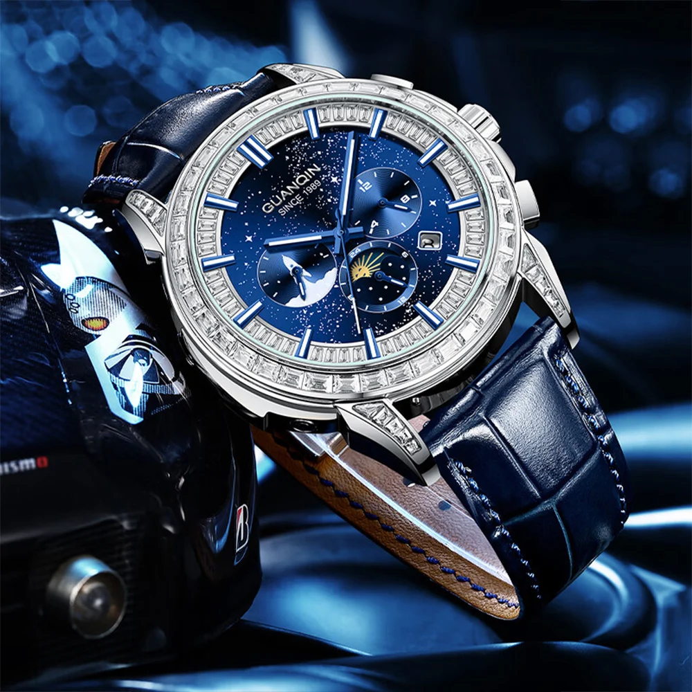 GUANQIN 5ATM Waterproof Luminous Watch Moon Phase Dial Sapphire Mirror Trends Business Luxury Men Automatic Mechanical Watch