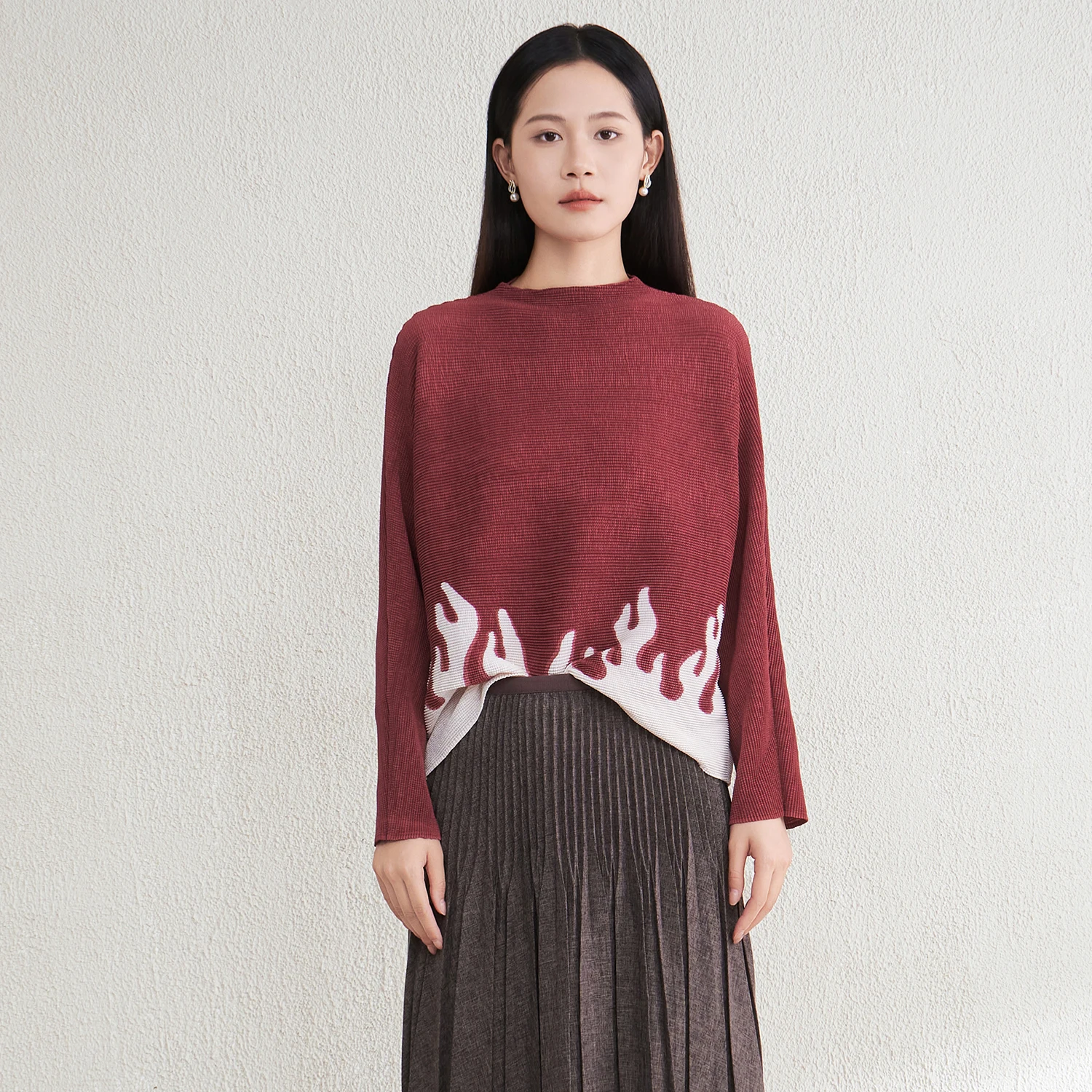 Pleated Women Plus Size T-Shirt Spring 2026 New Arrival Geometric Pattern Colour-Blocked Batwing Sleeve Fashion Female Top
