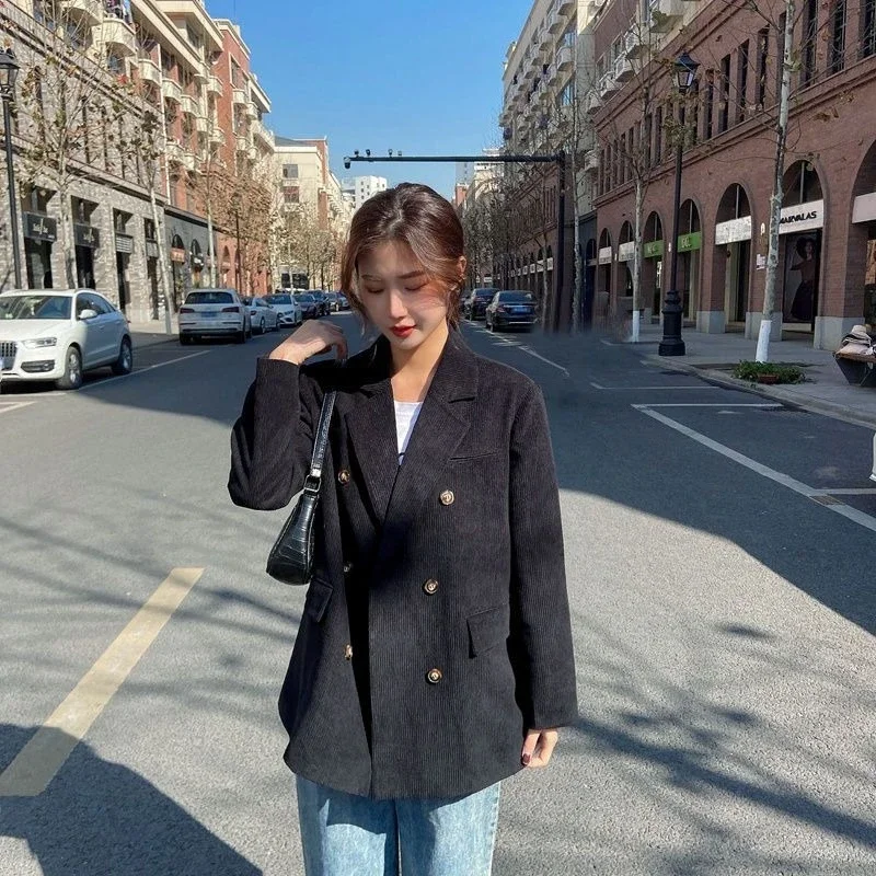 Women's Spring Autumn Loose Corduroy Double Breasted Blazer Korean Vintage Solid Color Casual Slimming Influencer Trendy Jacket
