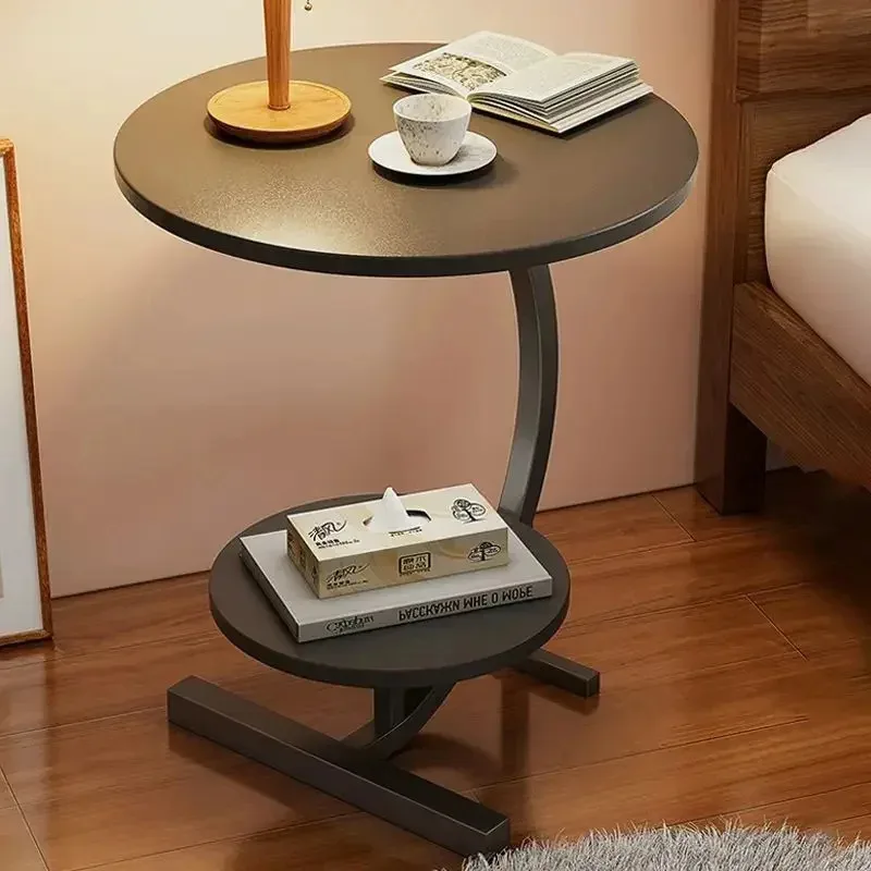 Modern Small Side Table with Two Layers Storage Rack MDF+Metal for Living Room Balcony Space Efficient End Table