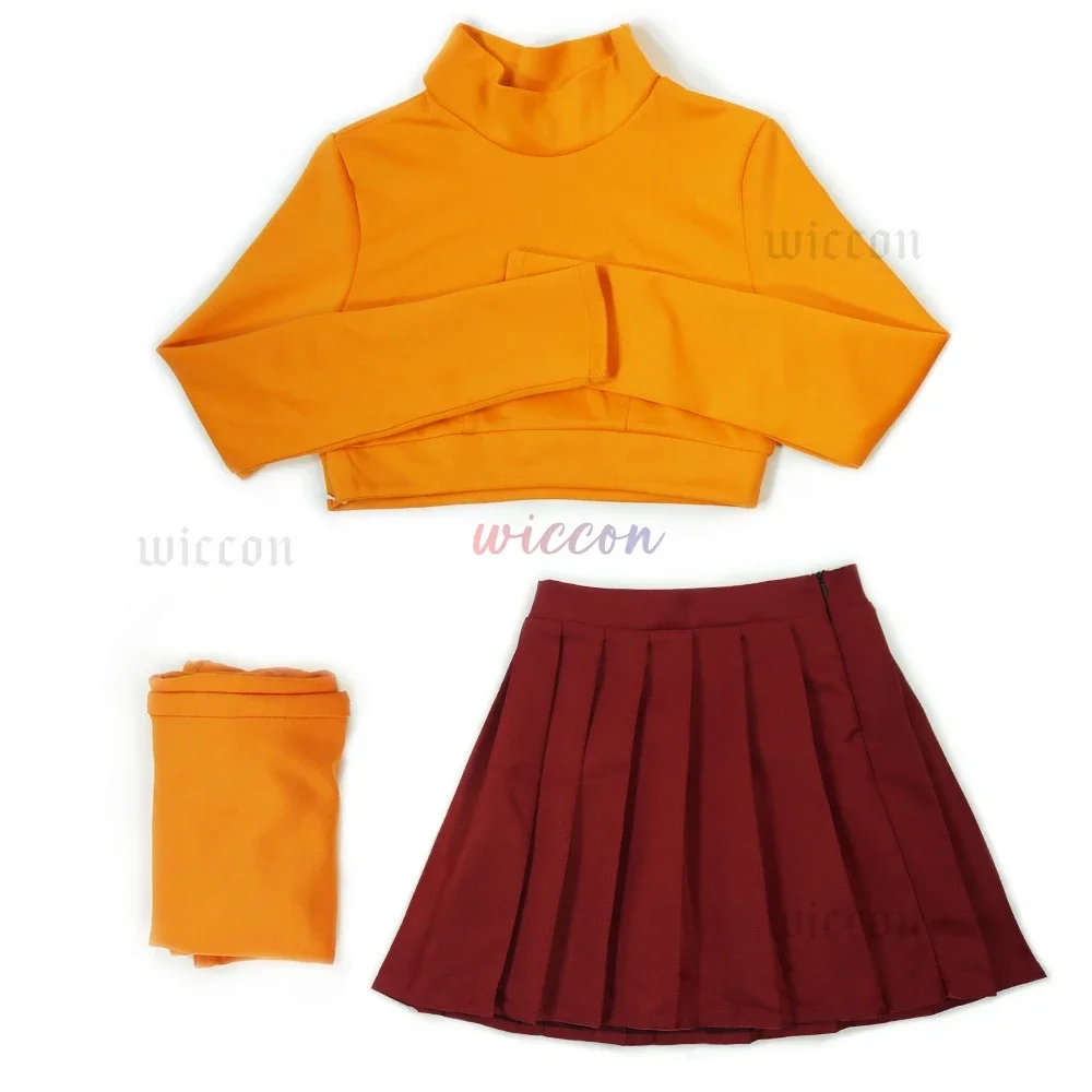 CosplayAnime Velma Seragam Cosplay Kostum Orange Short Skirt Uniform Wanita Oranye Kaus Kaki Rok Atas Halloween Party Carnival S