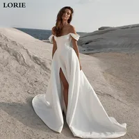 LORIE-vestidos de novia de satén suave, línea A, sin mangas, con hombros descubiertos, cola larga, vestidos de fiesta de boda personalizados