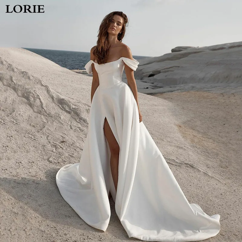 LORIE Soft Satin A Line Wedding Dresses Sleeveless Off The Shoulder Bridal Gowns Long Train Wedding Party Gowns 2023