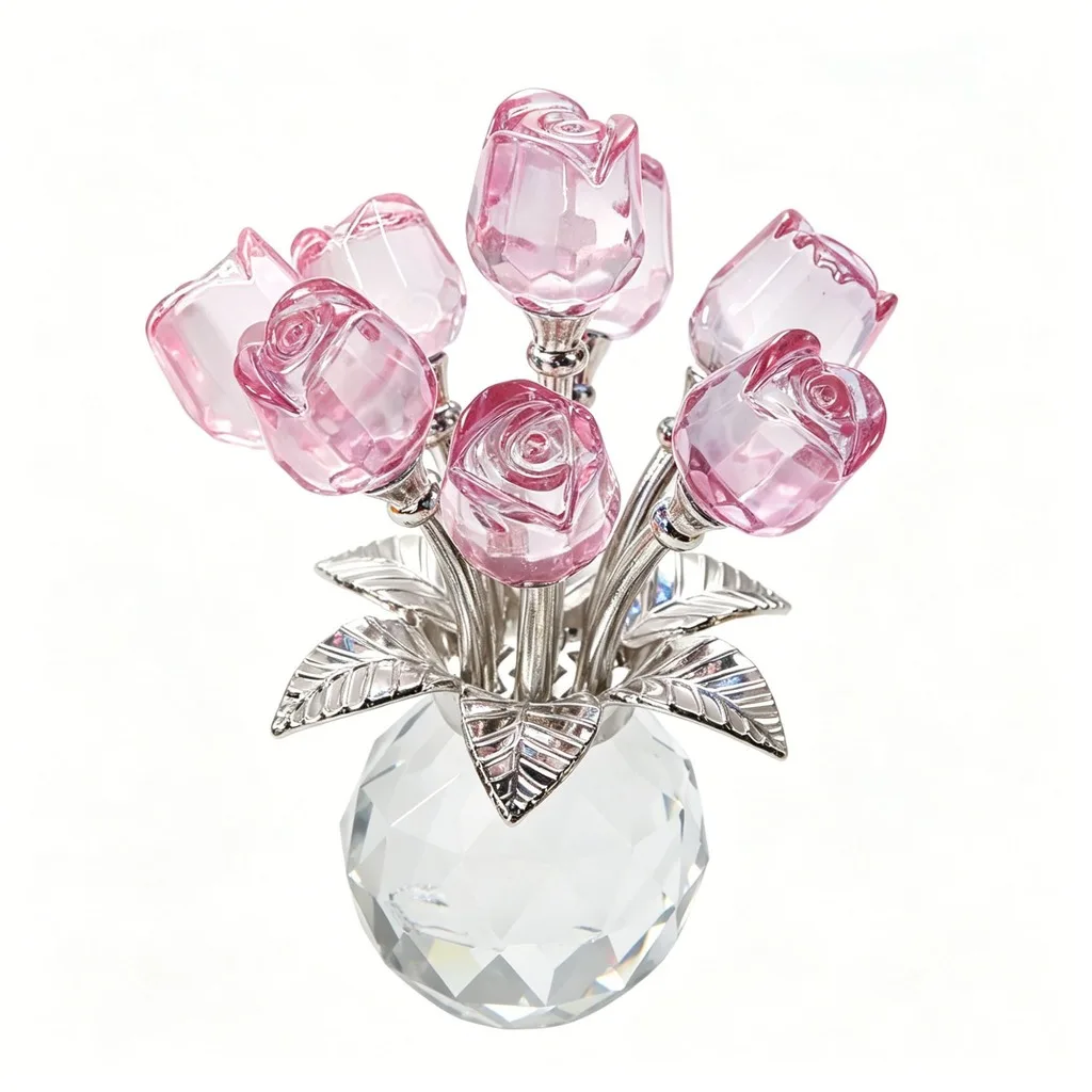 Crystal Rose Bouquet Warm Sentimental Statue Sculpture Ornament Home Decorative Ornament Delicate Crystal Rose Decoration