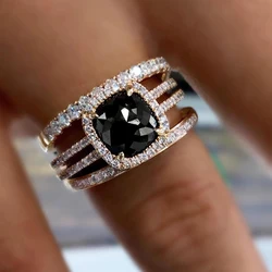 Huitan Unique Black Stone 3Pcs Set Rings for Women Luxury Fashion Wedding Party Lady's Accessories Temperament Elegant Jewelry