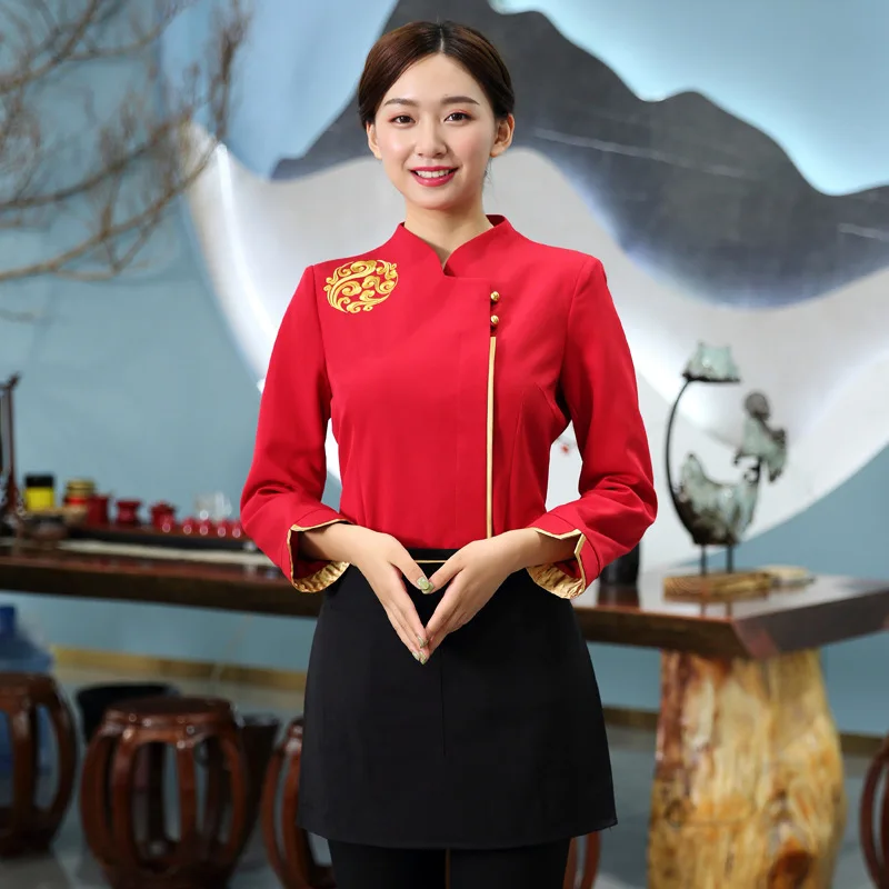 ホテル作業服秋冬女性鍋レストランバーベキューレストラン茶室中国風ウェイター長袖ユニセックス