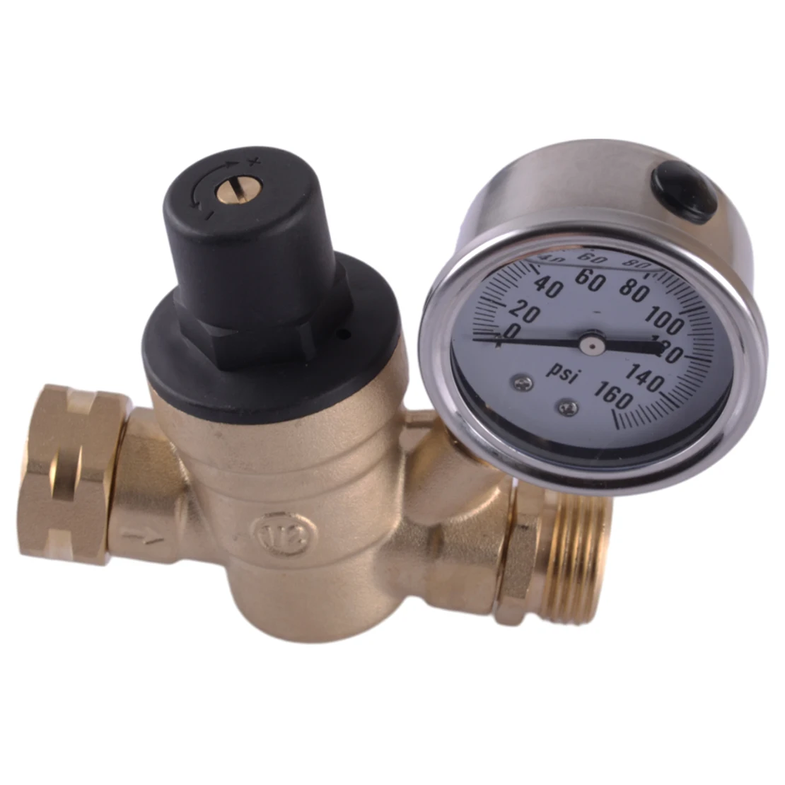 

RV Adjustable Reducer Water Pressure Regulator with Valve Gauge 14F-200F for Camper Travel Trailer Brass Lead 3/4"