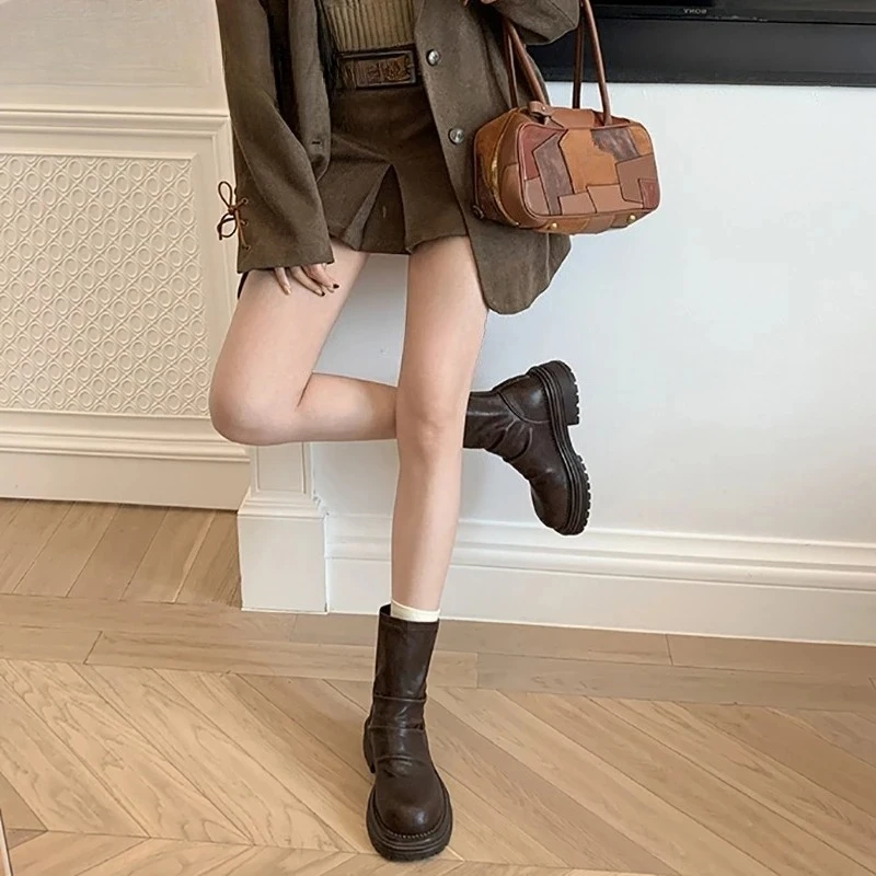 Vintage PLeated Women Ankle Boots Casaul Height Increase Slim Short Booties Shoes Botas De Inverno Feminina