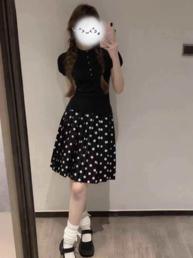

Vintage Korean Fashion Summer Slim Short Sleeves 2-piece Set Hepburn Designer Polka Dot High-waisted Short Skirt Suit Women New