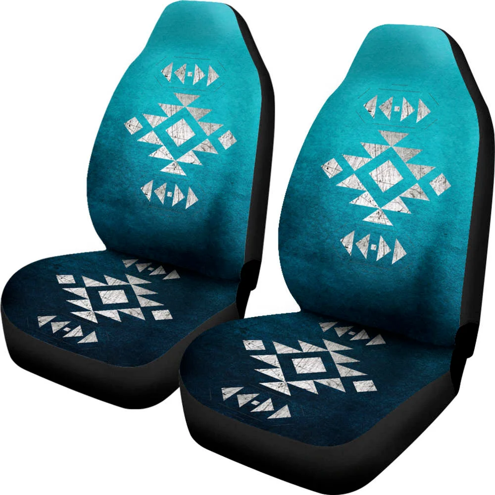 Teal Ombre With Tribal Ethnic Design Car Seat CO\overs Set,Pack of 2 Universal Front Seat Protective Cover