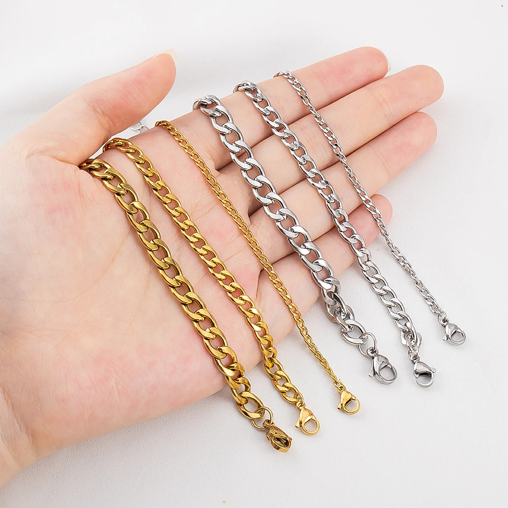 Bracelet en acier inoxydable pour hommes, largeur 3mm 5mm 7mm, chaîne cubaine, chaîne d'extension réglable, fermoir à homard, bricolage, fabrication de bijoux, 5 pièces, 2 pièces