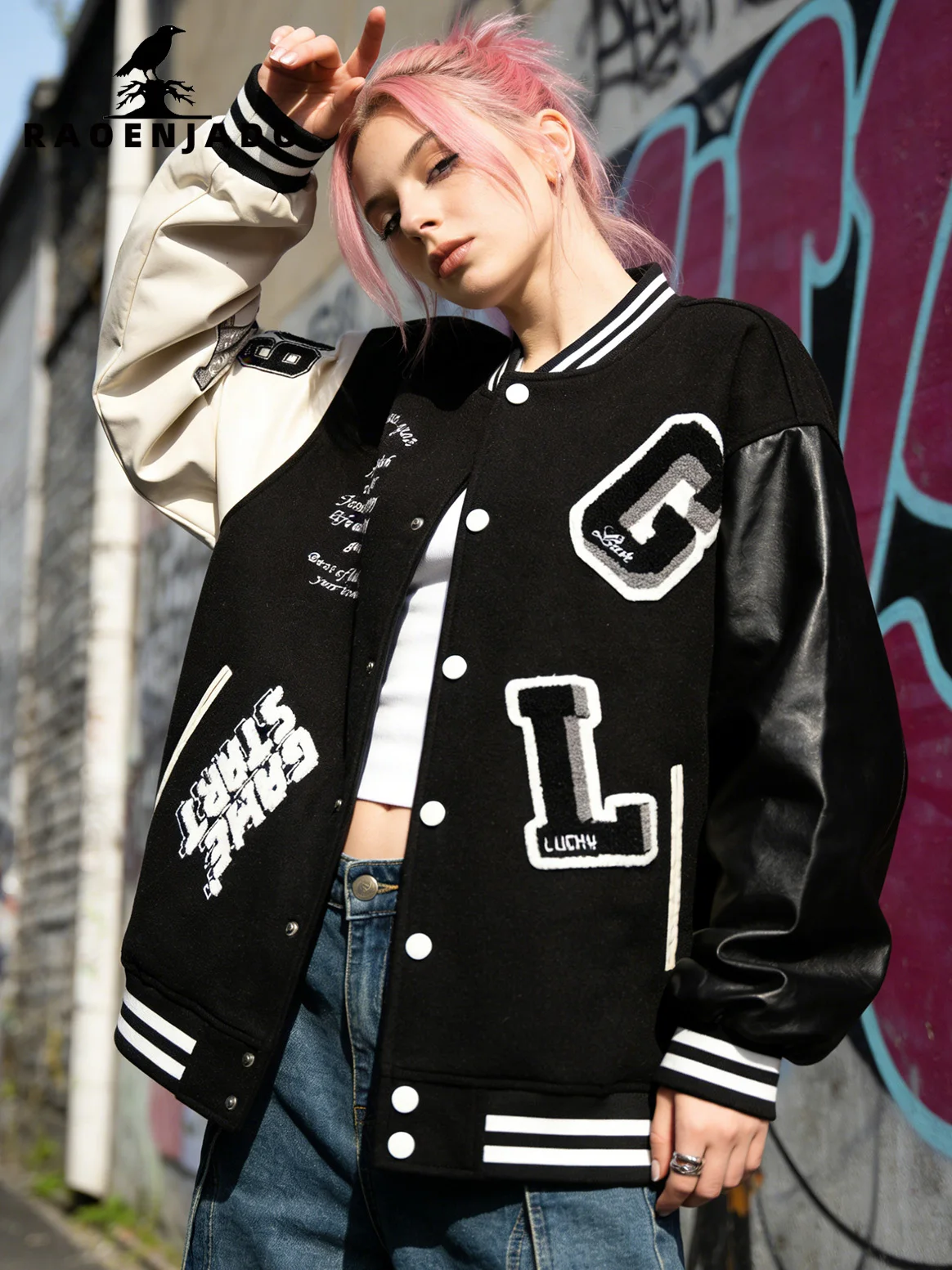 Damen-Collegejacke mit Kunstlederärmeln, Baseball-Uniform, Stickerei, Oversize-Streetwear, süß-cooler Frühlings- und Herbstmantel