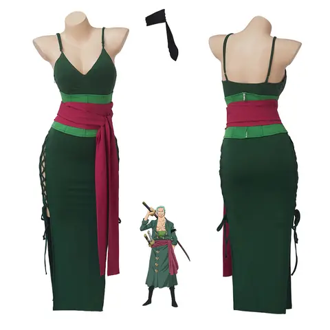 (in stock） Wano Country Roronoa Cosplay Costume Zoro Female Dress With Belt Full Set Zoro Green Sexy Dress Suit For Halloween