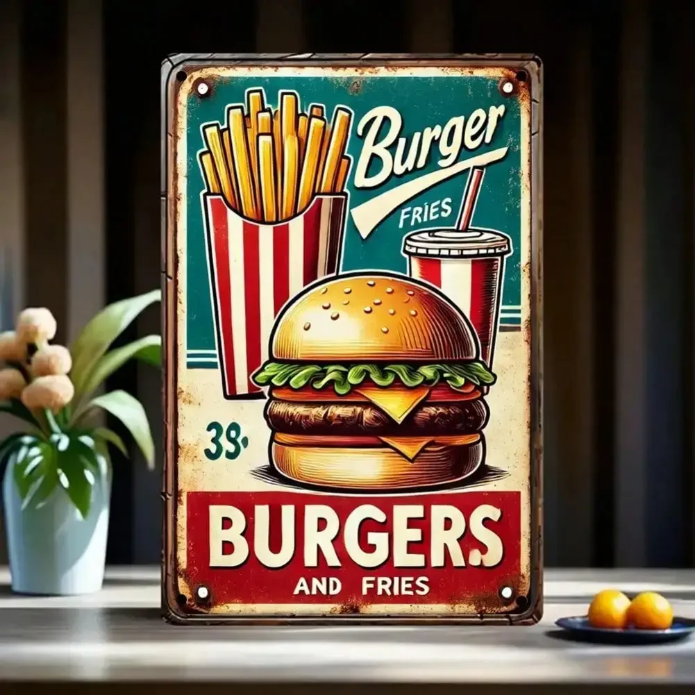CIFbuy Vintage Burger Aluminium-Wandkunst, wasserdicht, langlebig, rostfrei, Metallschild für Café-Bar-Dekoration