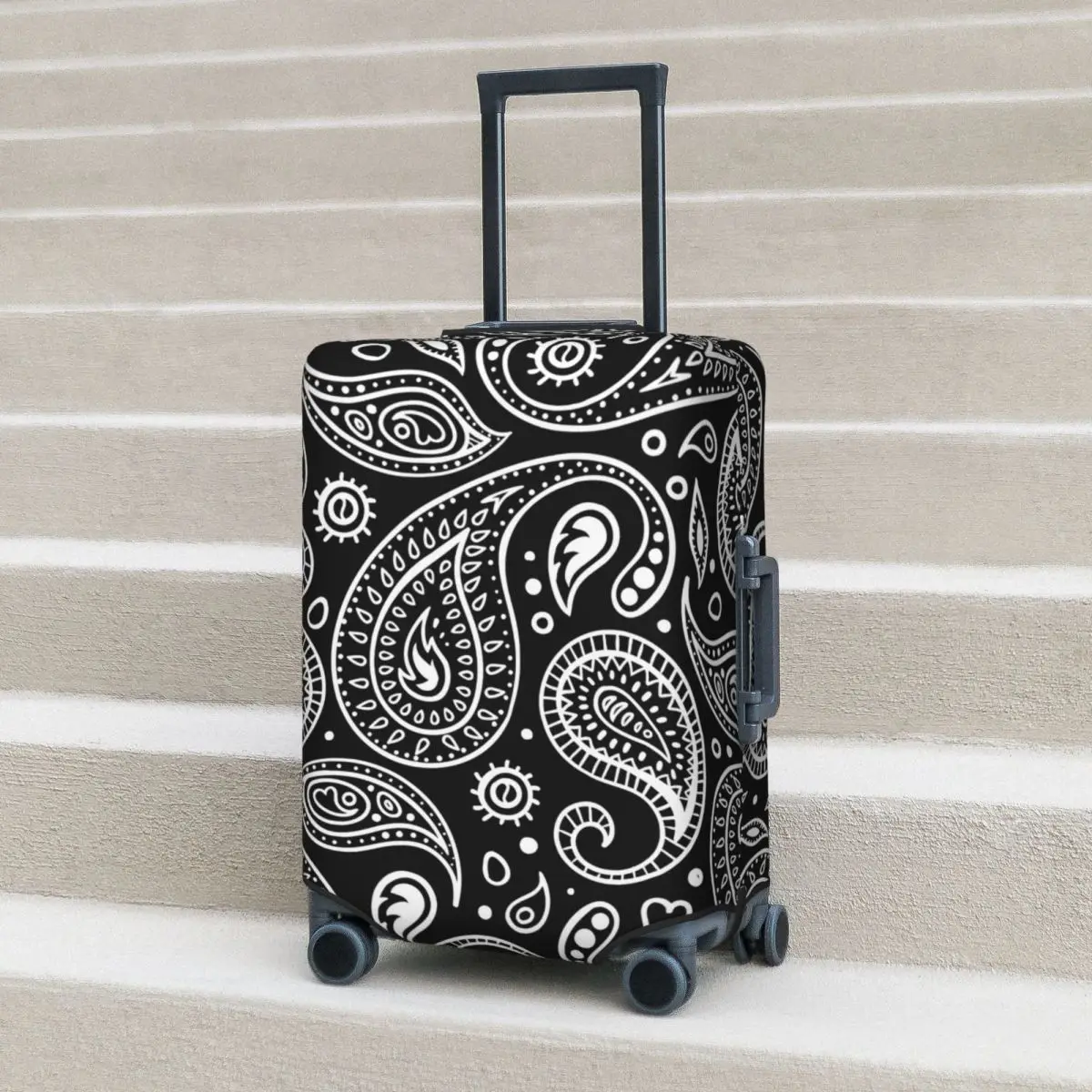 Paisley Design Suitcase Cover Vacation Black and White Elastic Luggage Accesories Cruise Trip Protection