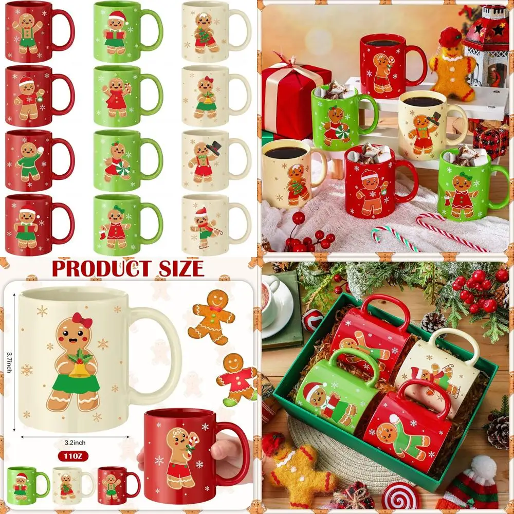 Juego de tazas de pan de jengibre rojo y verde de 12 oz, tazas para vacaciones de invierno con asa, perfecto para fiestas de Navidad y regalos de chocolate caliente