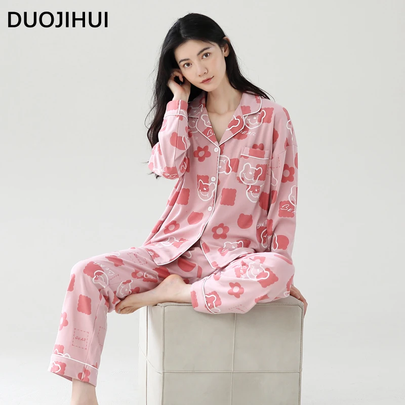 

DUOJIHUI Contrast Color Chic Printing Pajamas for Women Long Sleeve Cardigan Basic Loose Pant Casual Fashion Female Pajamas Set