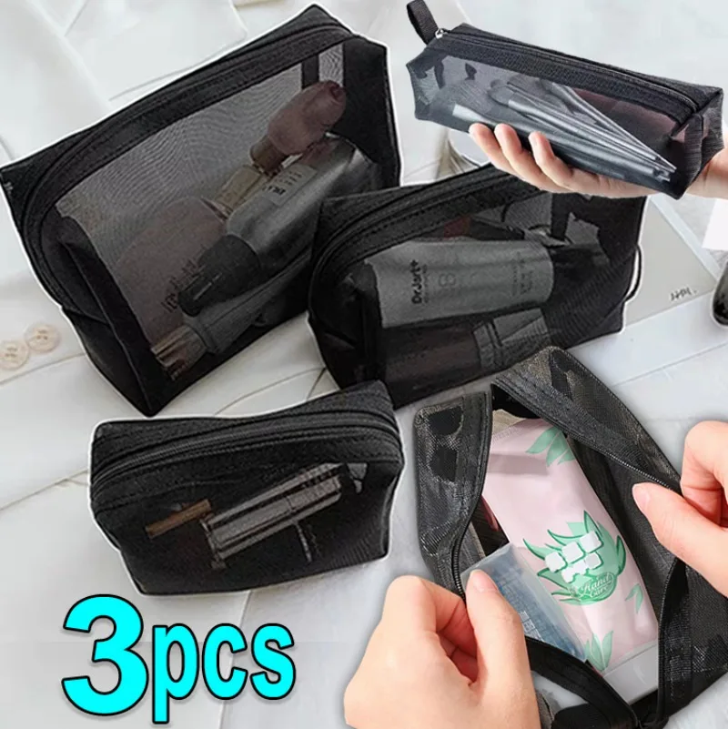 

3pcs Portable Travel Mesh Clear Cosmetic Bags Small Large Black Makeup Bag Travel Toiletry Organizer Case Lipstick Storage Pouch